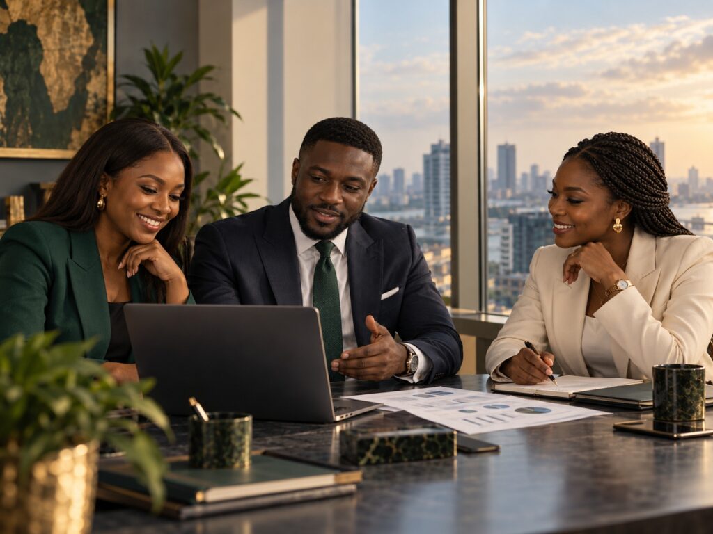 Illustrative advisory discussion with three professionals reviewing financial information