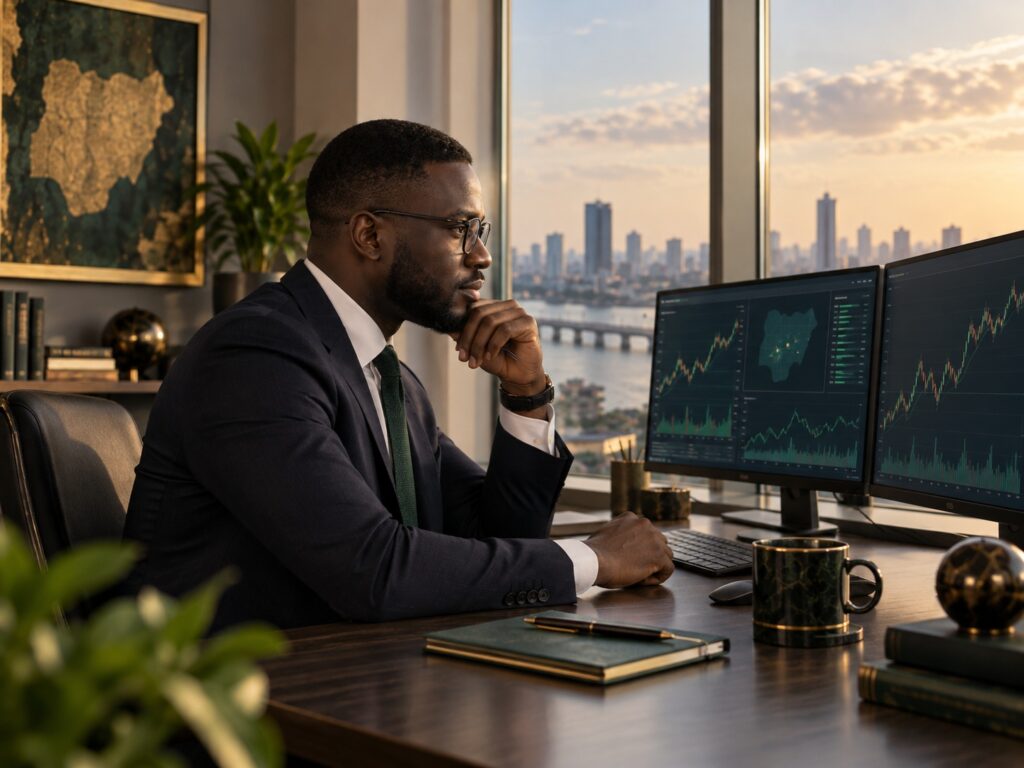 Illustrative market analyst reviewing financial charts
